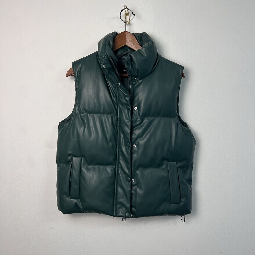 New Look Women's Juniors Faux Leather Puffer Vest Green Size Medium